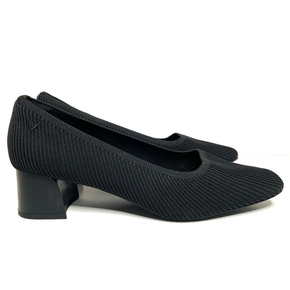 Black Ribbed Knit Low Block Heel Pumps